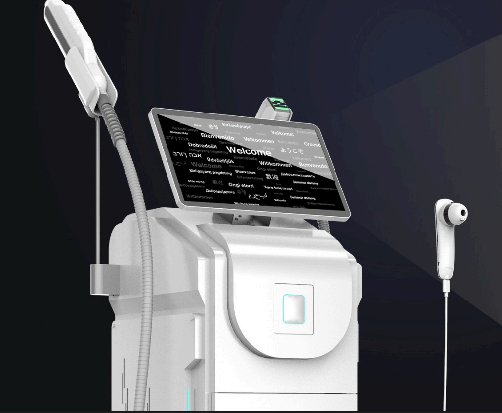 Bravo laser workstation with multilingual welcome screen and docked treatment handpieces